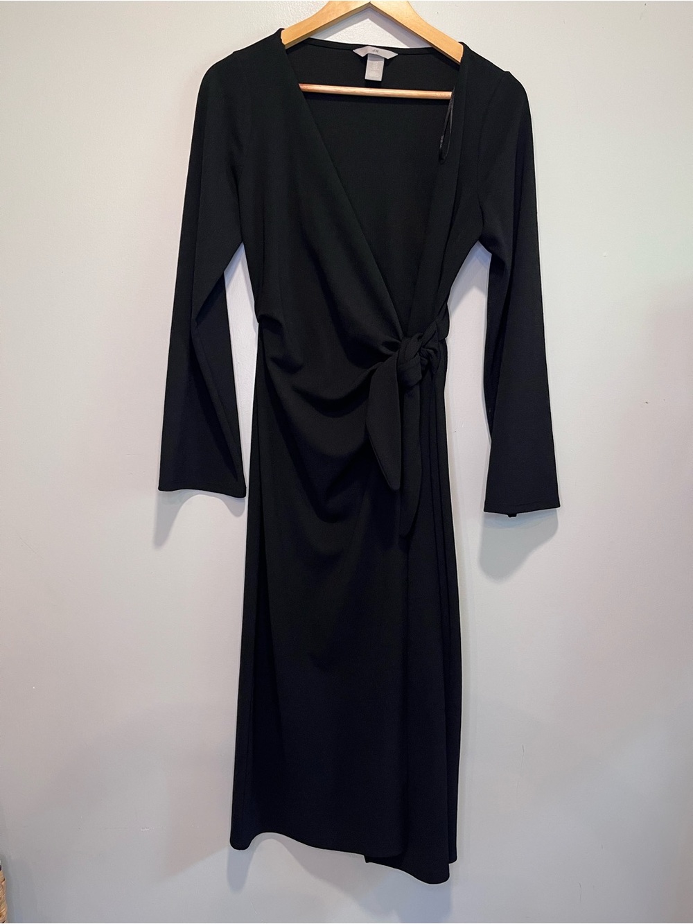 H&M Black Long Sleeve Wrap Midi Dress with Side Knot
